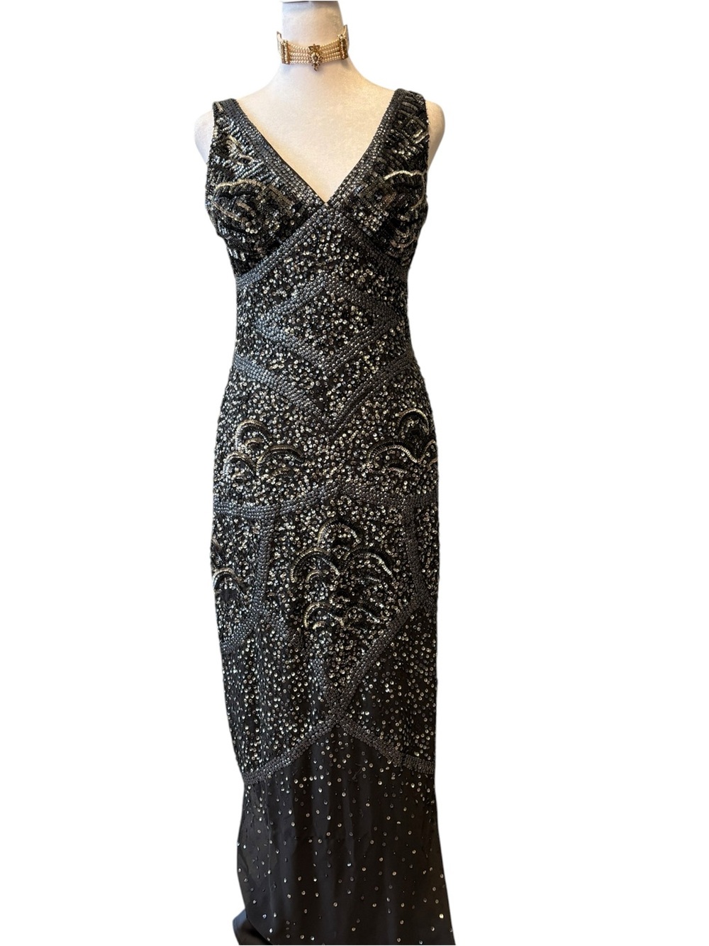 Aidan Mattox Gray Beaded Sequin Gown | Size 4